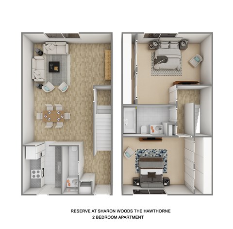 A diagram of a 2 bedroom apartment layout.